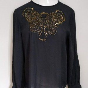 Vintage 80's Sk&Company Black Long Sleeve Sheer Top with Gold Beaded Butterfly